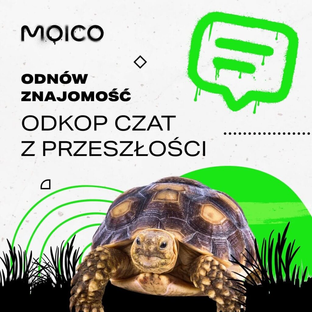 Zdjęcie przedstawia baner z hasłem: Odnów znajomość odkop czat z przeszłości. Na grafice widoczny żółw. Internet Wrocław Stare Miasto.
